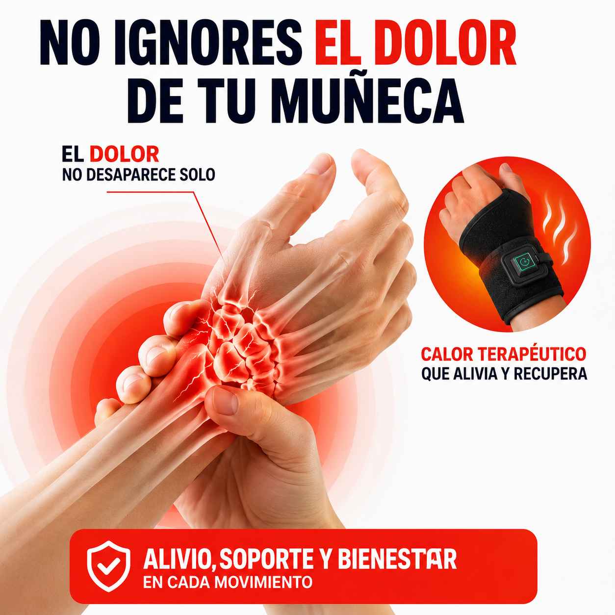 Muñequera Térmica Eléctrica — Alivio del dolor de túnel carpiano, artritis y tendinitis en minutos.
